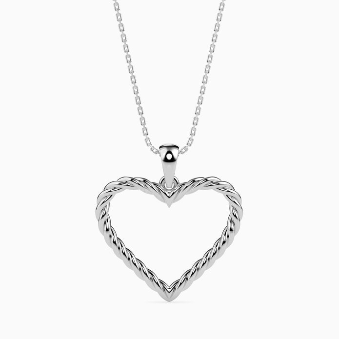 rope style open heart pendant necklace in white gold