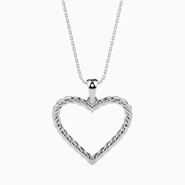 rope style open heart pendant necklace in white gold