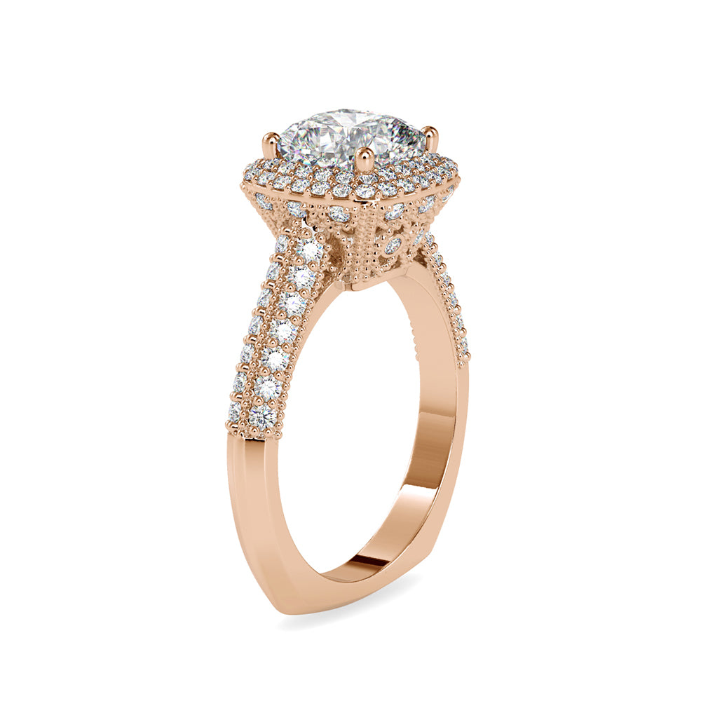 cushion cut double halo lab-grown diamond ring in rose gold