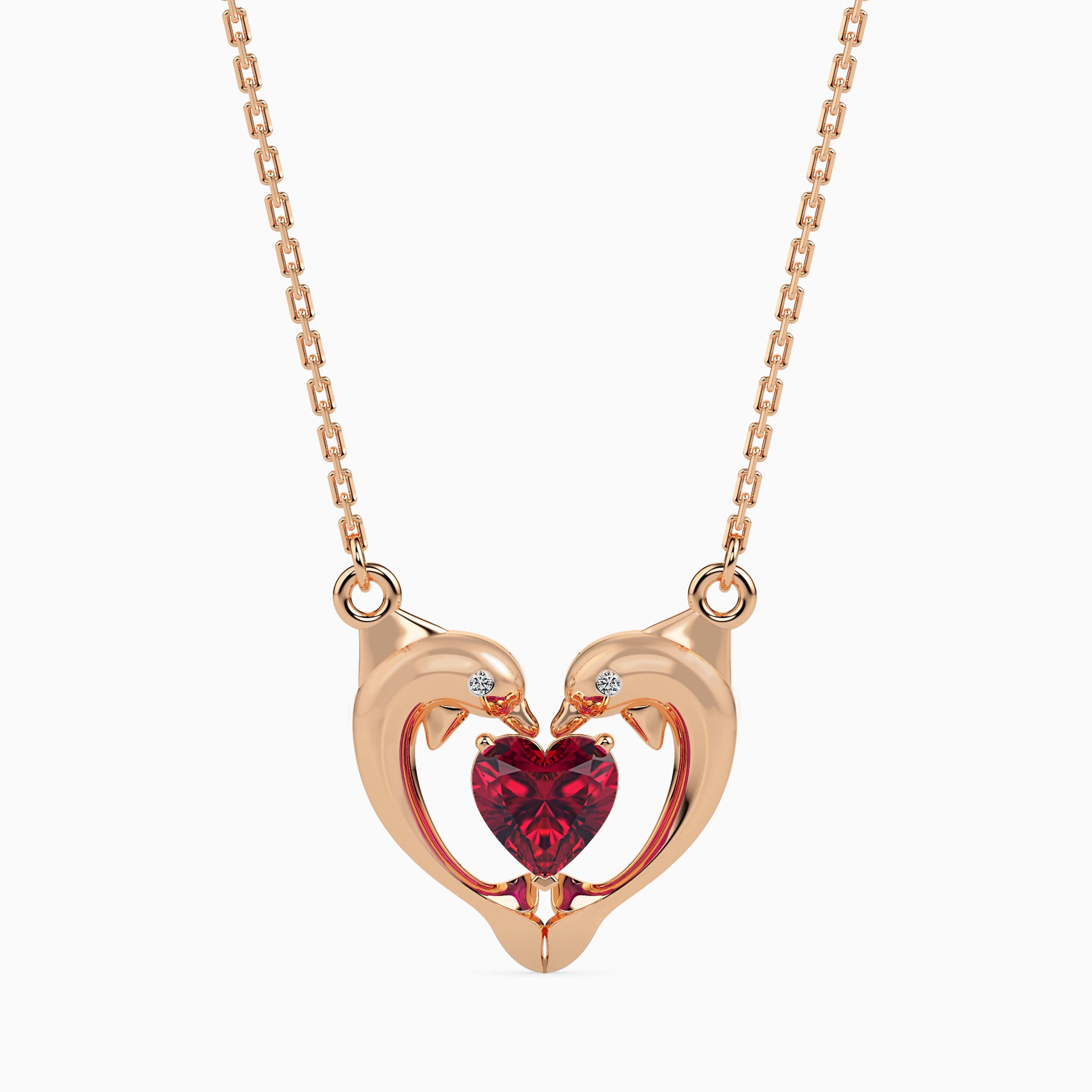 dolphin embrace red heart diamond necklace in rose gold