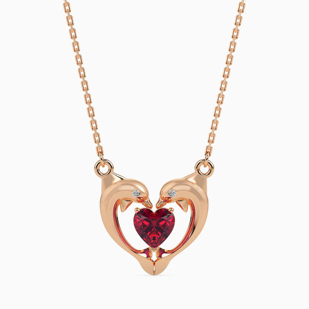 dolphin embrace red heart diamond necklace in rose gold