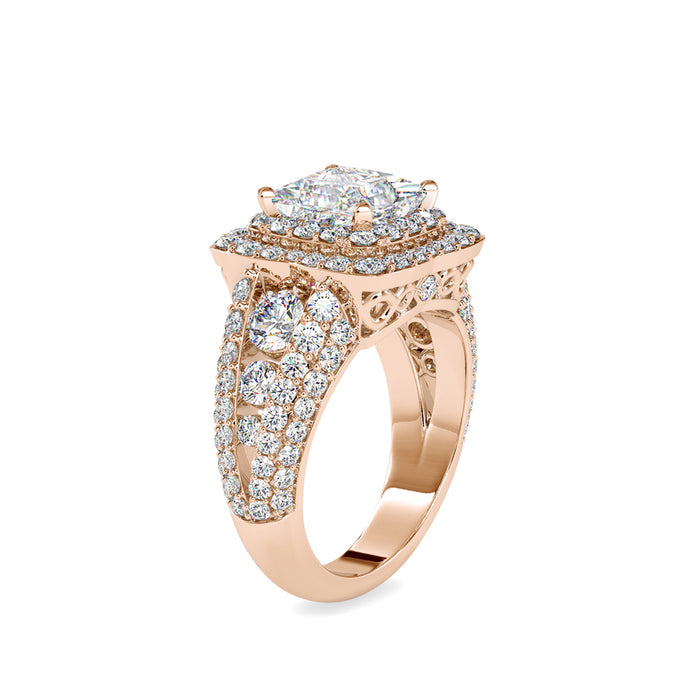 princess cut double halo lab-grown diamond ring in rose gold