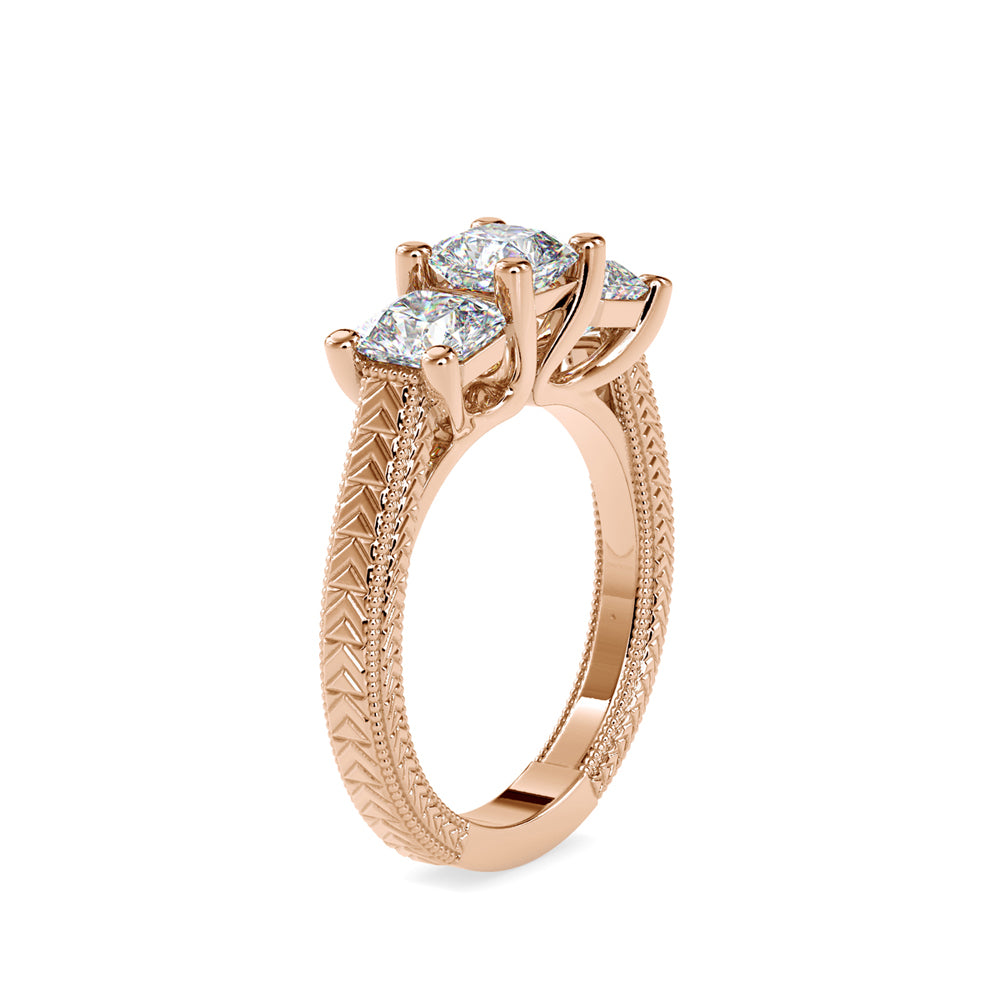 radiant cut three stone lab-grown diamond ring in rose gold