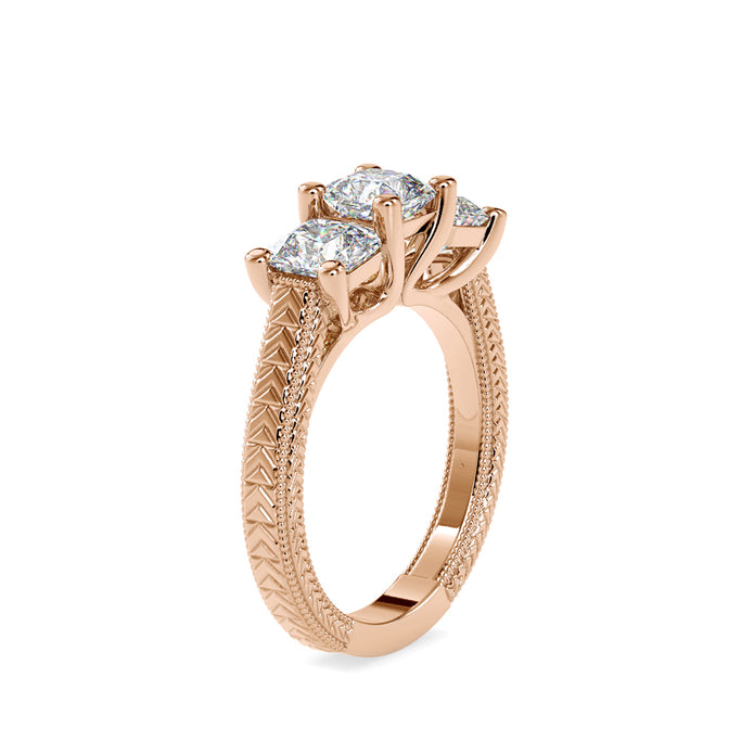 radiant cut three stone lab-grown diamond ring in rose gold