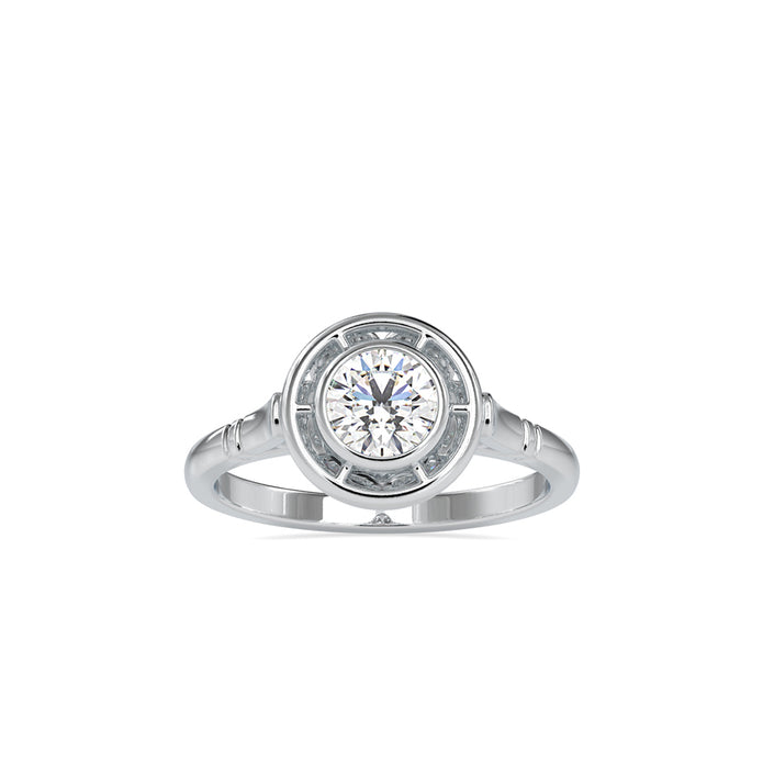 round cut bezel halo lab-grown diamond ring in white gold