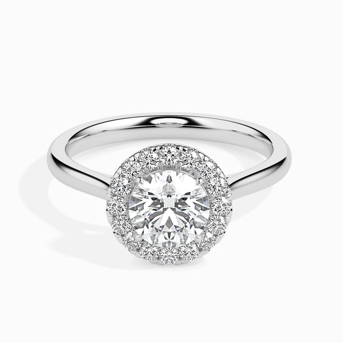round cut halo diamond ring in white gold
