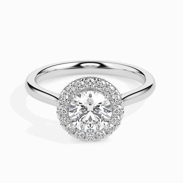 round cut halo diamond ring in white gold