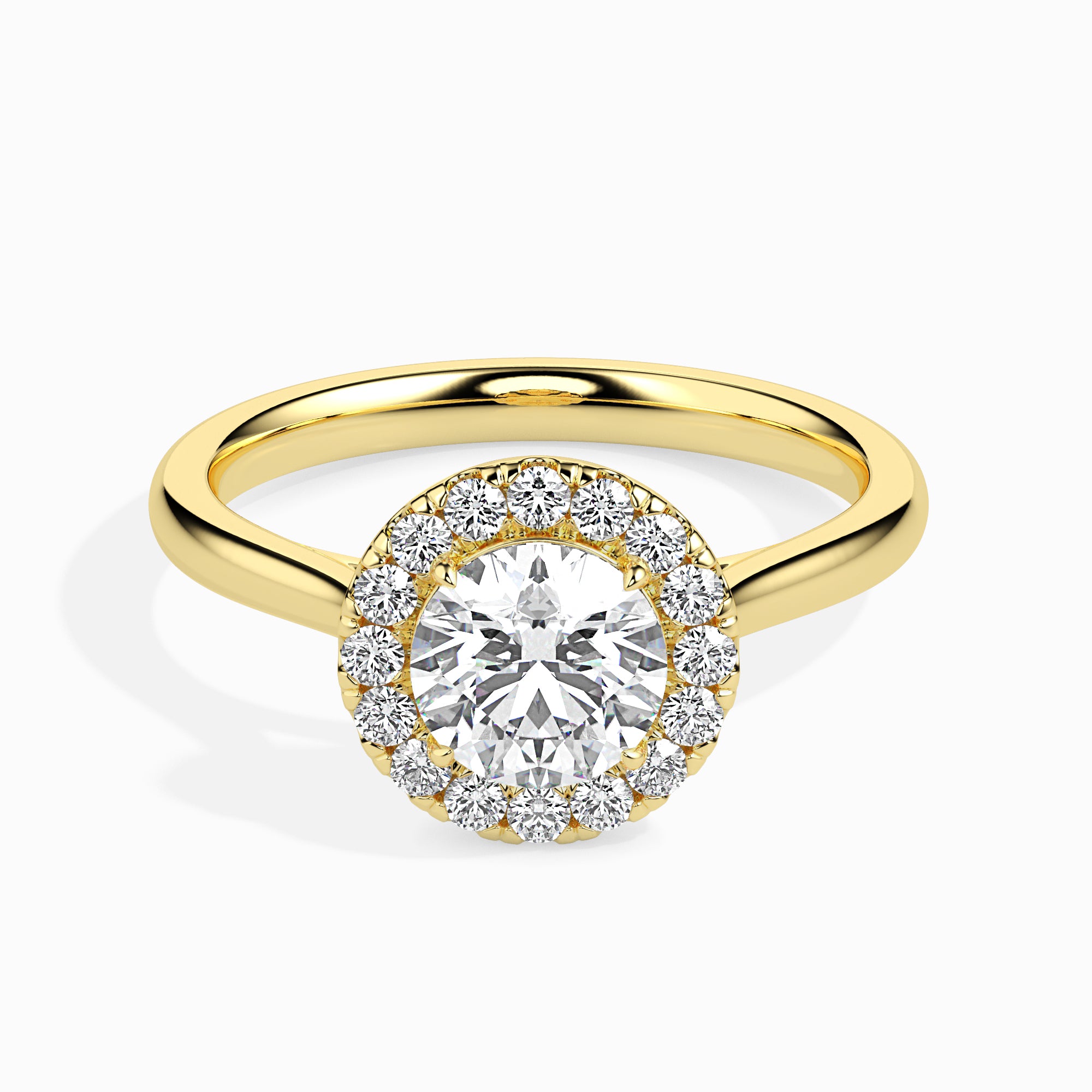 round cut halo diamond ring in yellow gold