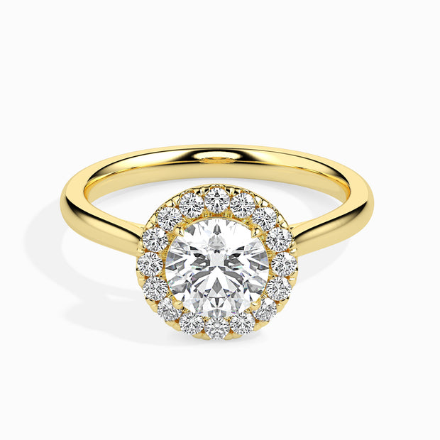 round cut halo diamond ring in yellow gold