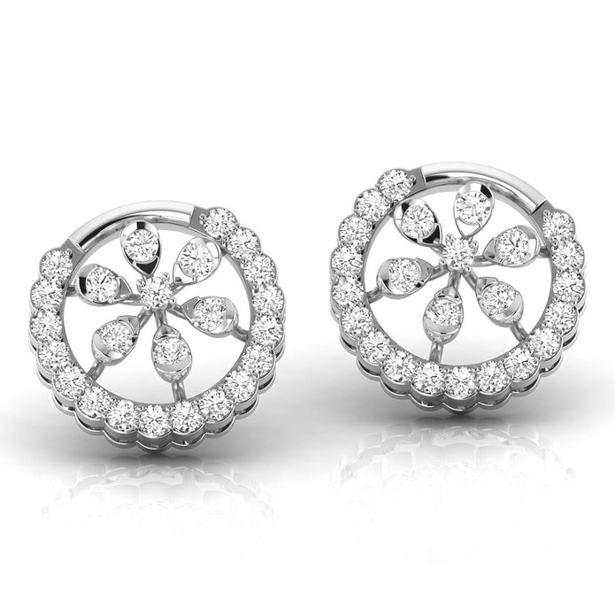 floral round diamond stud earrings in white gold