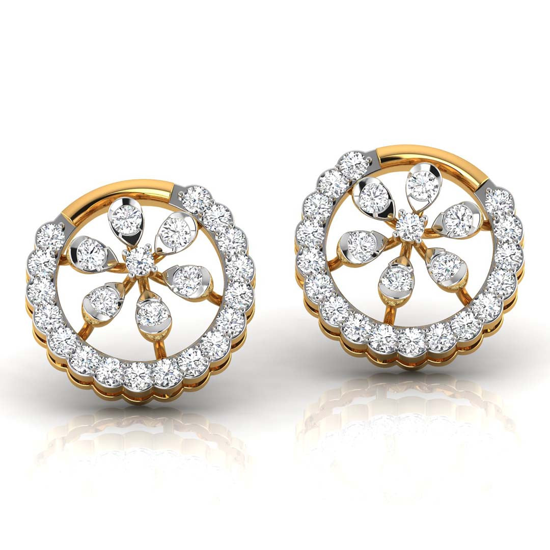 floral round diamond stud earrings in yellow gold