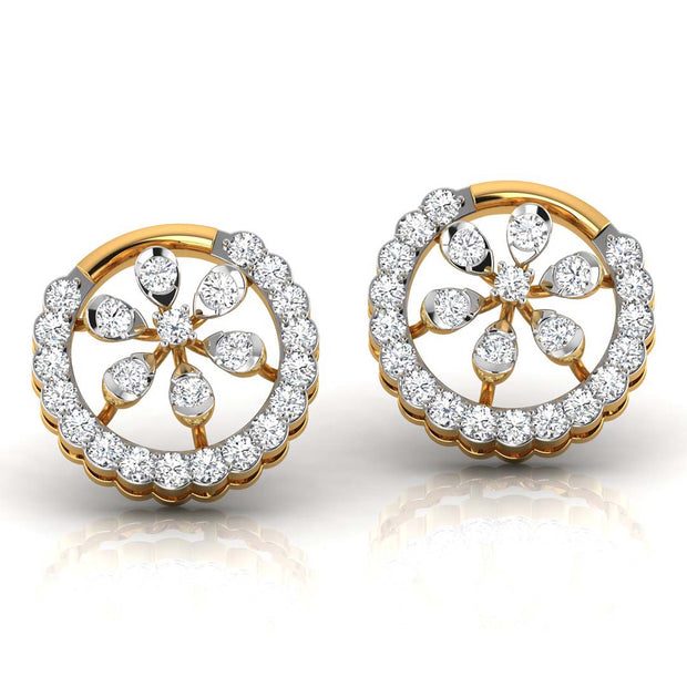 floral round diamond stud earrings in yellow gold