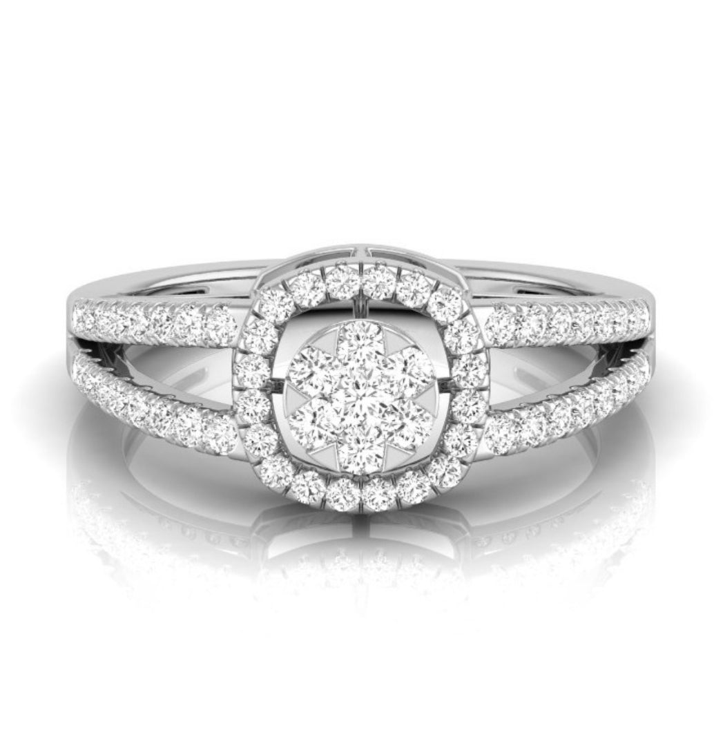 split shank round cluster diamond ring in white gold