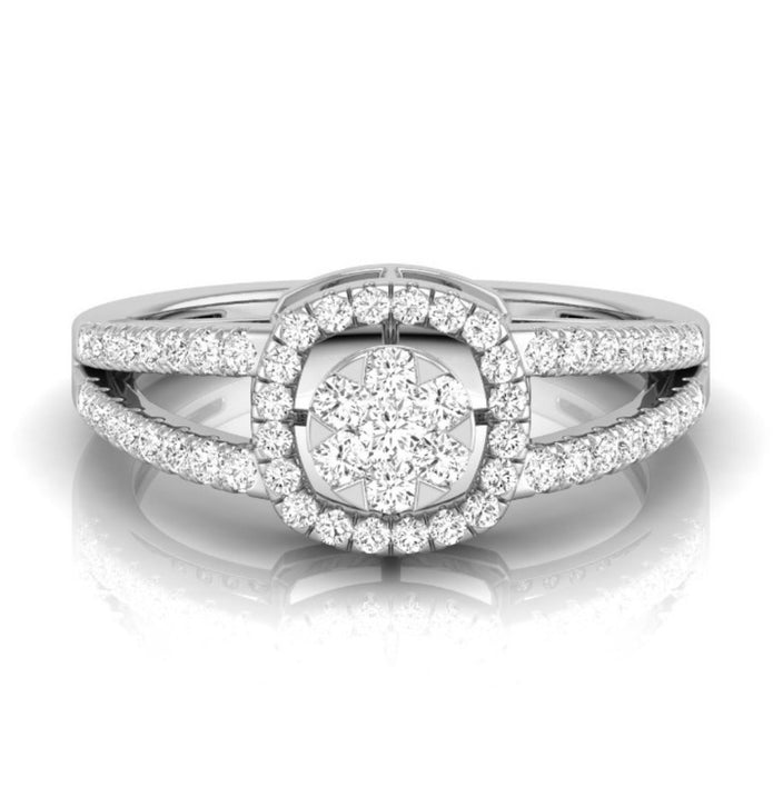 split shank round cluster diamond ring in white gold