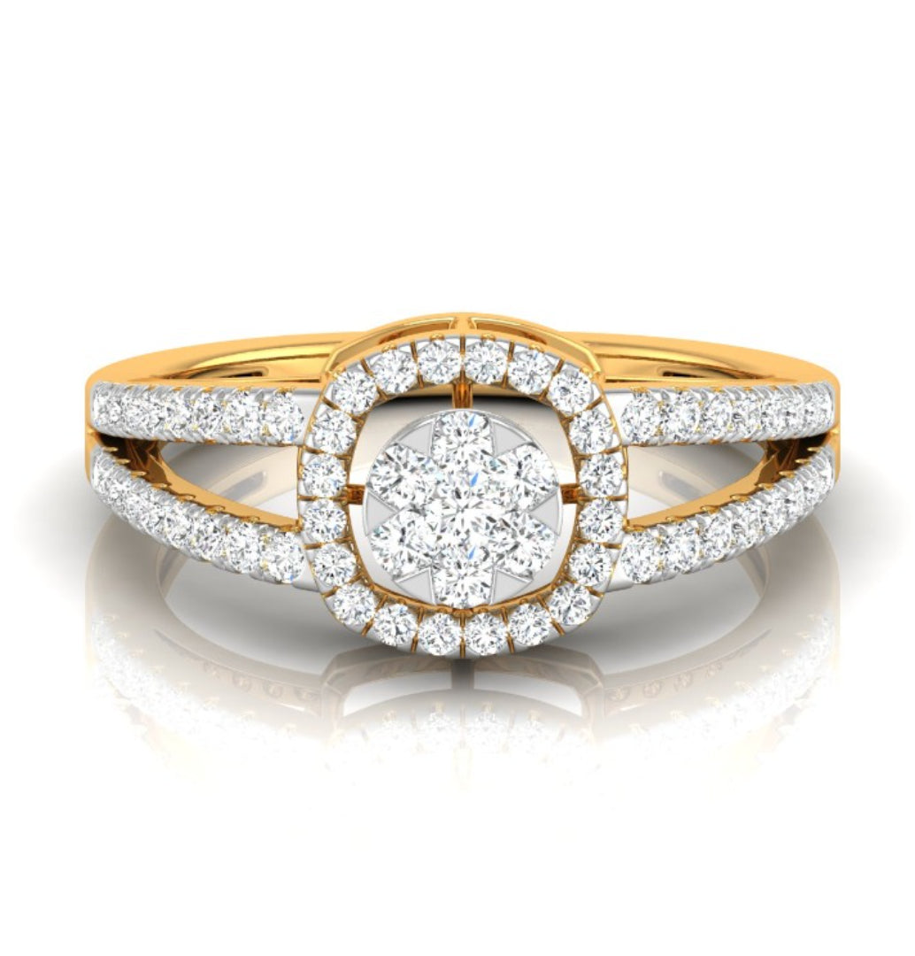 split shank round cluster diamond ring in yellow gold