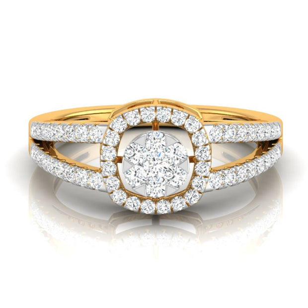 split shank round cluster diamond ring in yellow gold