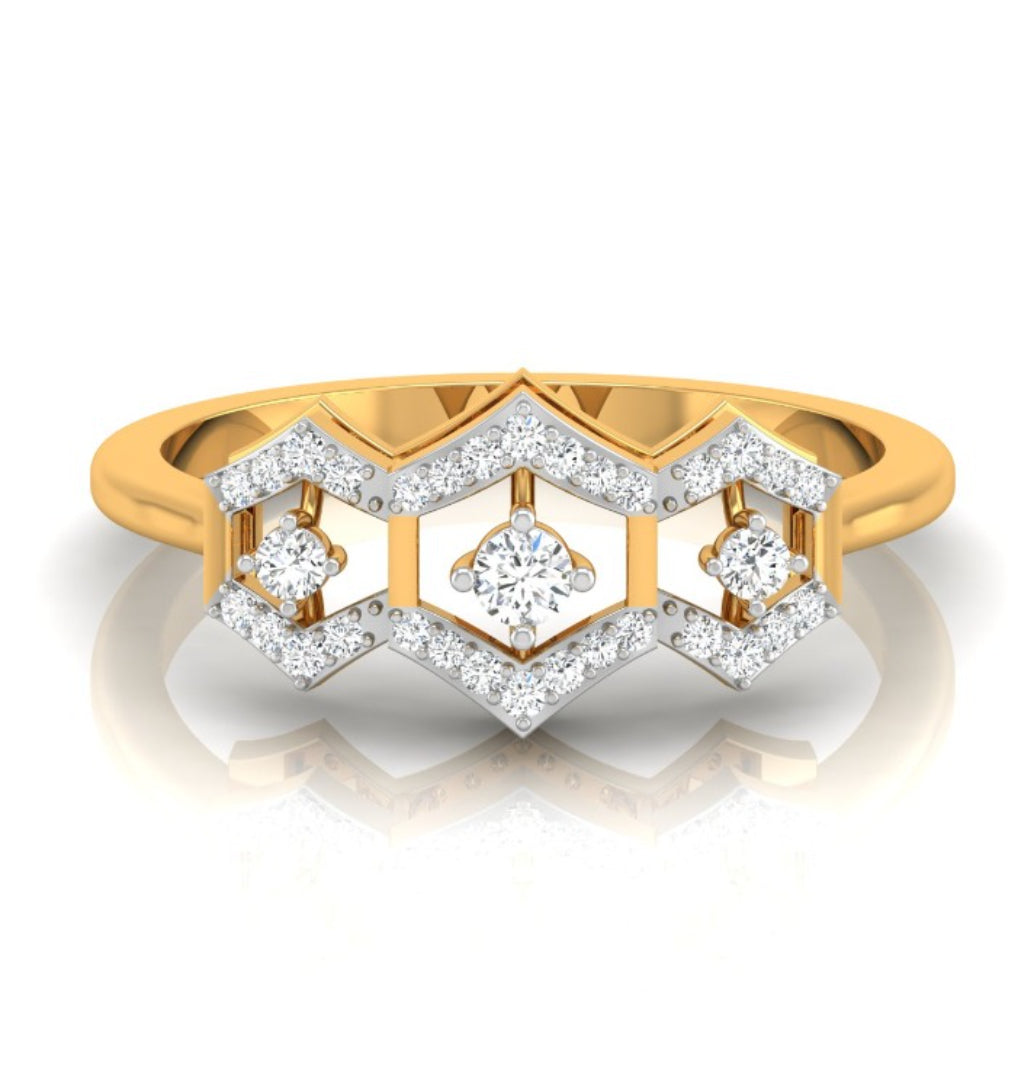 three hexagon diamond ring in yellow gold
