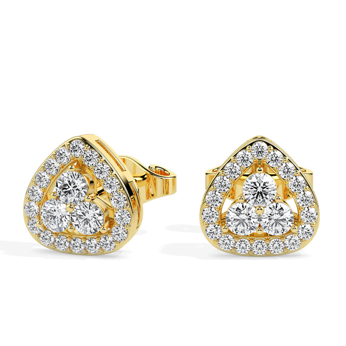triangle cluster halo diamond stud earrings in yellow gold