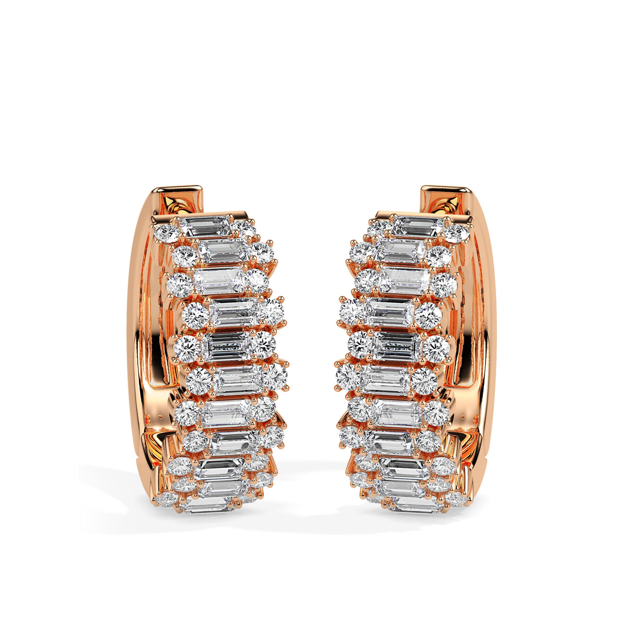 triple row diamond hoop earrings in rose gold