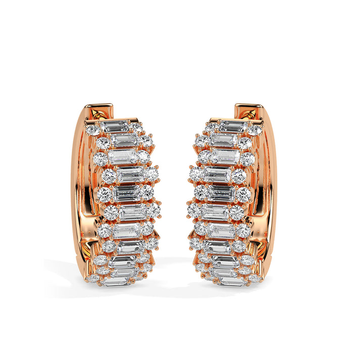 triple row diamond hoop earrings in rose gold