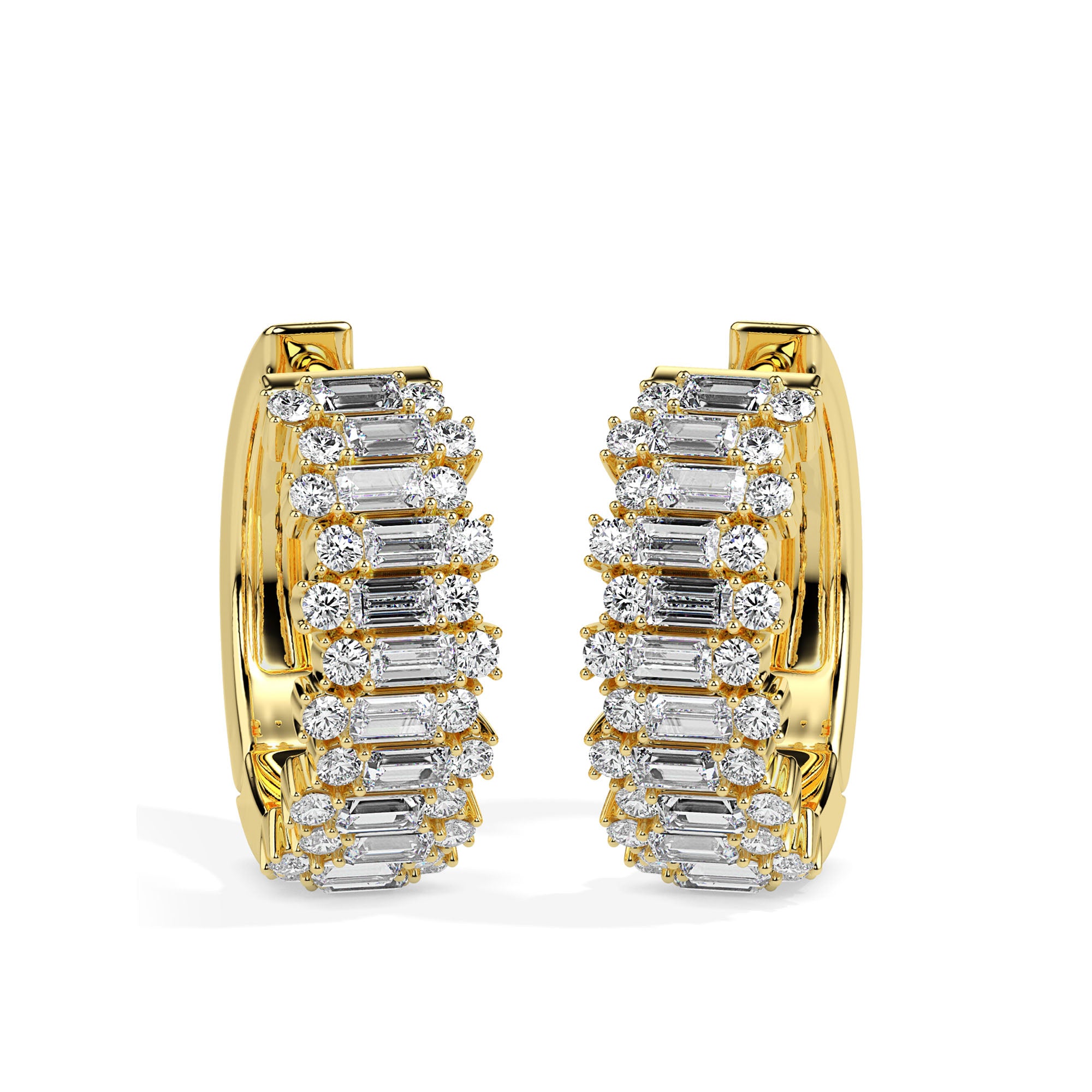 triple row diamond hoop earrings in yellow gold