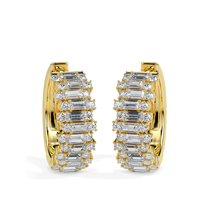 triple row diamond hoop earrings in yellow gold