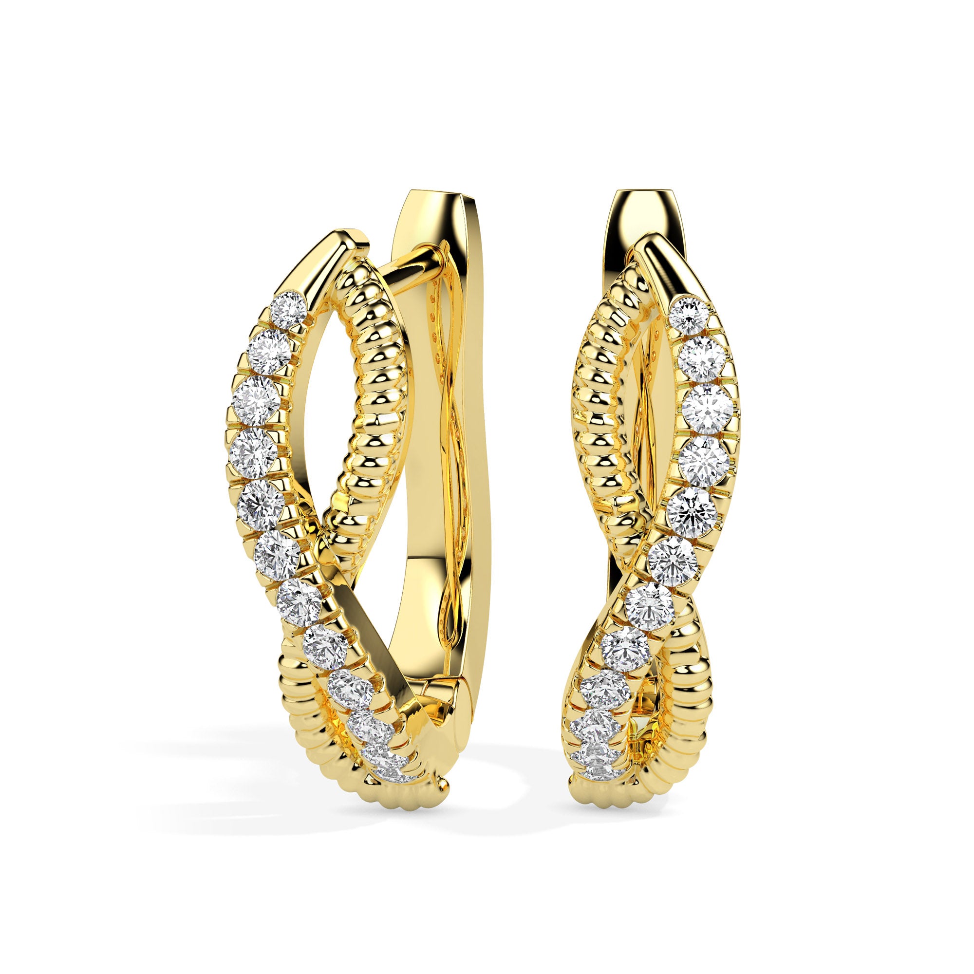 twisted infinity diamond hoop earrings in yellow gold