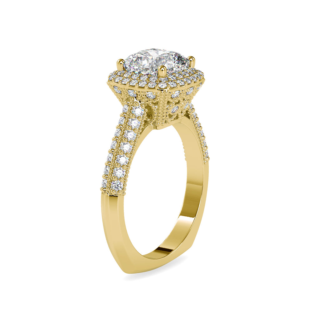cushion cut double halo lab-grown diamond ring in yellow gold