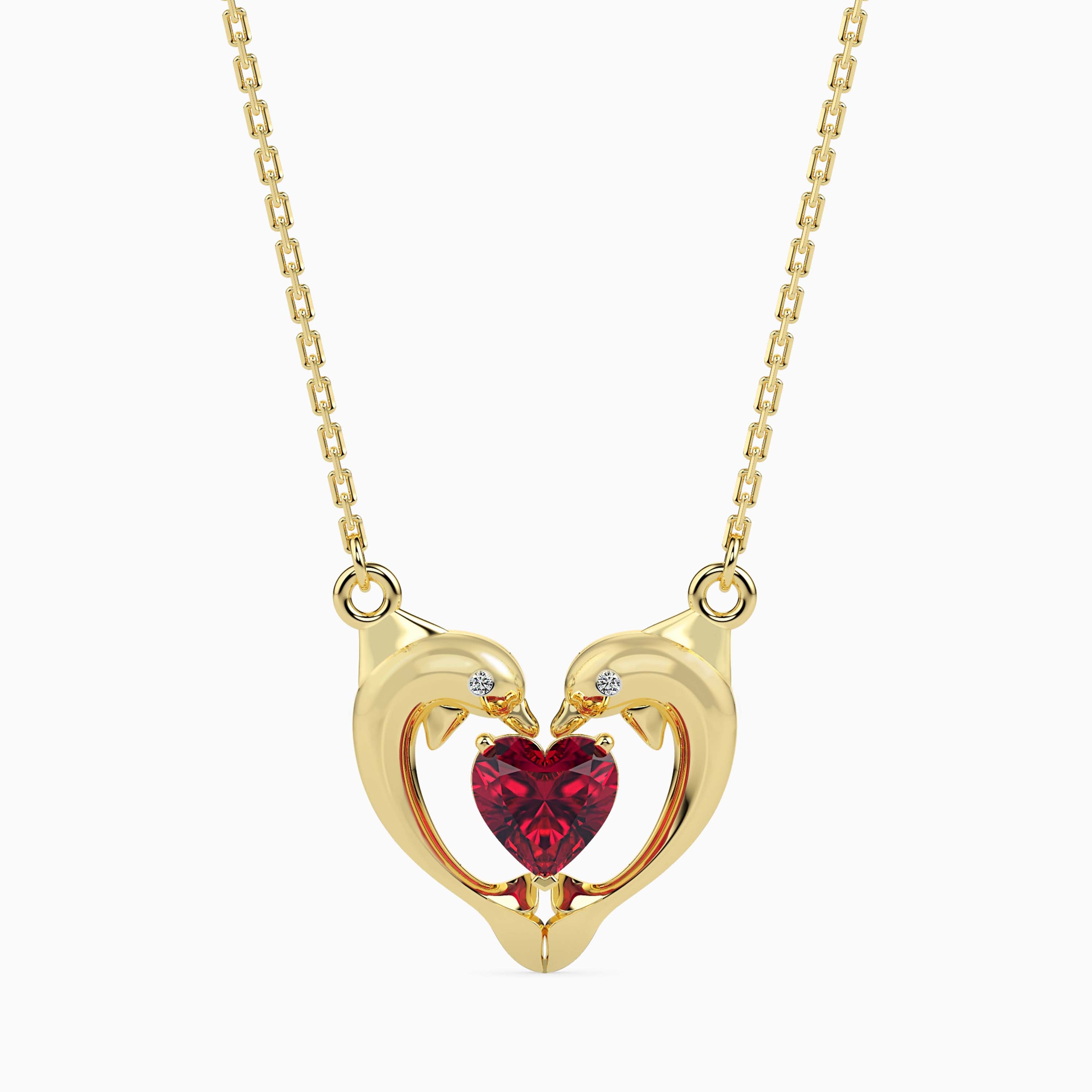 dolphin embrace red heart diamond necklace in yellow gold
