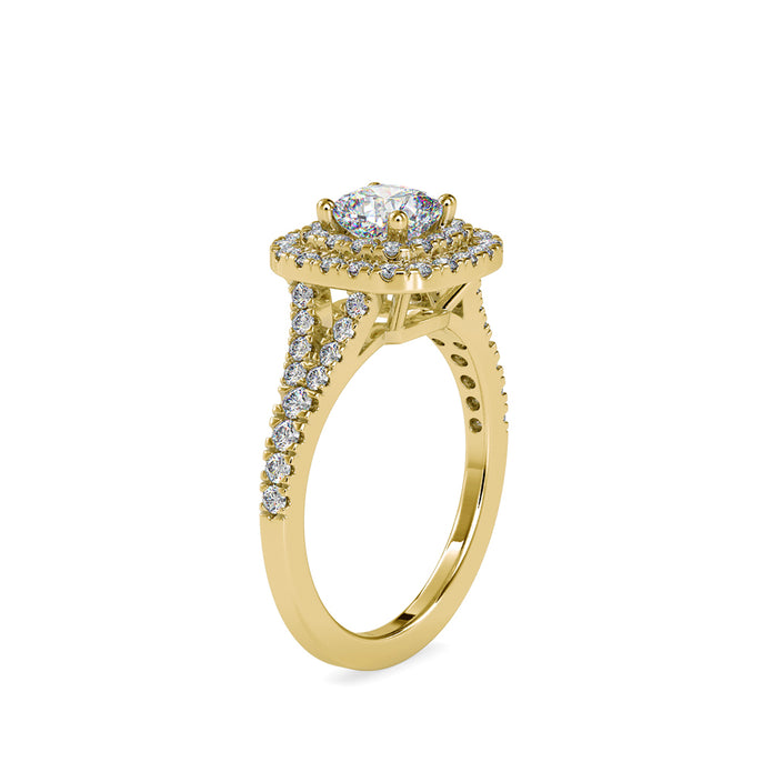 cushion double halo lab-grown diamond ring in yellow gold