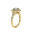 cushion double halo lab-grown diamond ring in yellow gold