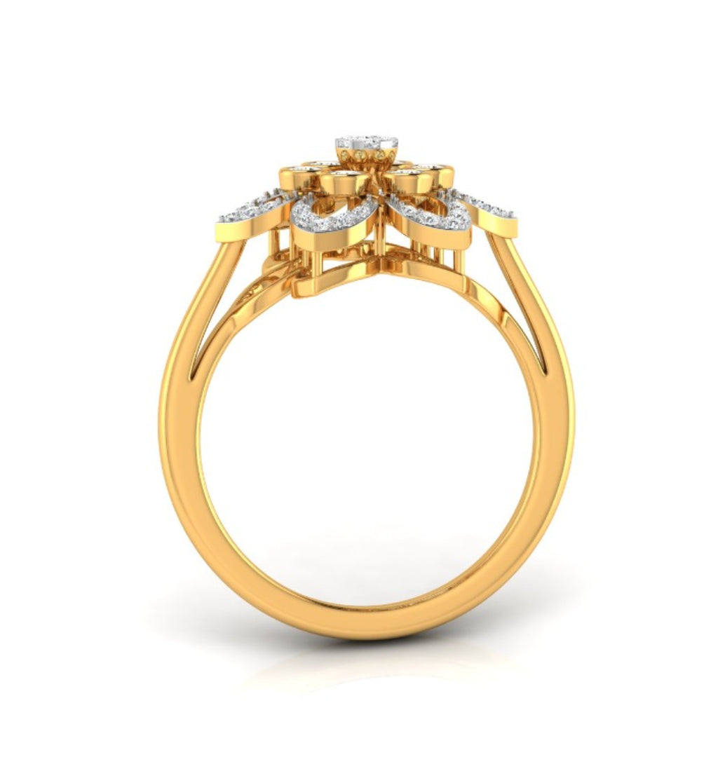 flower style prong set diamond ring in yellow gold