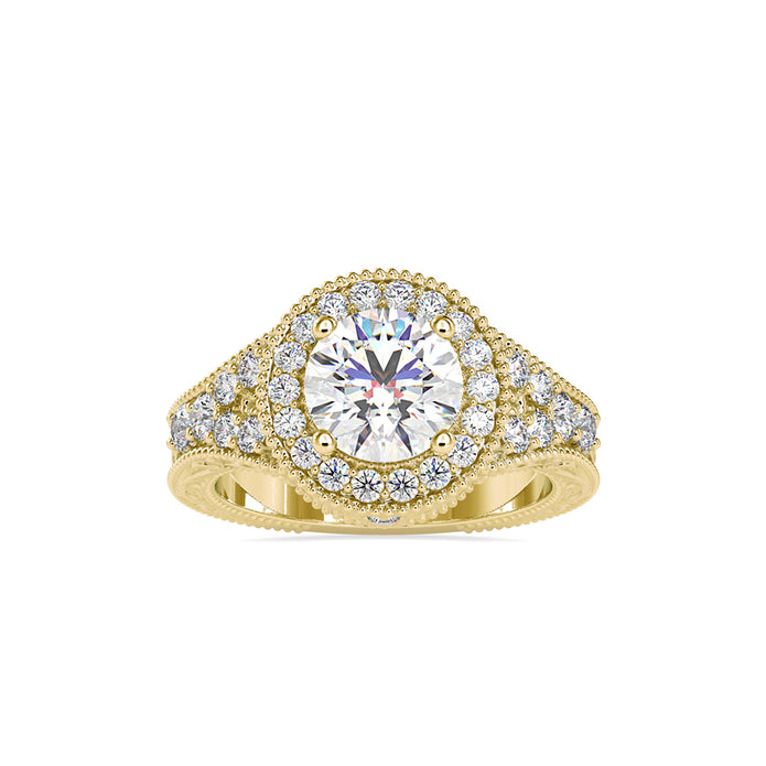 round cut halo lab-grown diamond ring in yellow gold