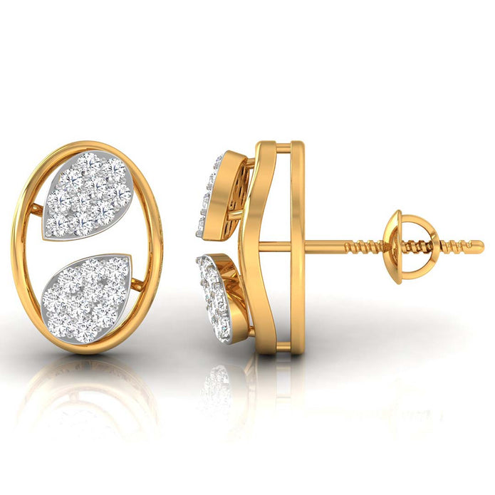leaf design round diamond stud earrings in yellow gold