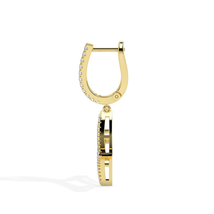 pave diamond hoop drop earrings in yellow gold