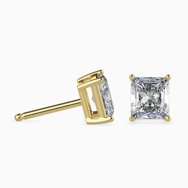 radiant prong set diamond stud earrings in yellow gold